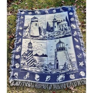 VINTAGE Crown Crafts Blanket Home Decor Lighthouse Nautical Throw Tapestry Sea